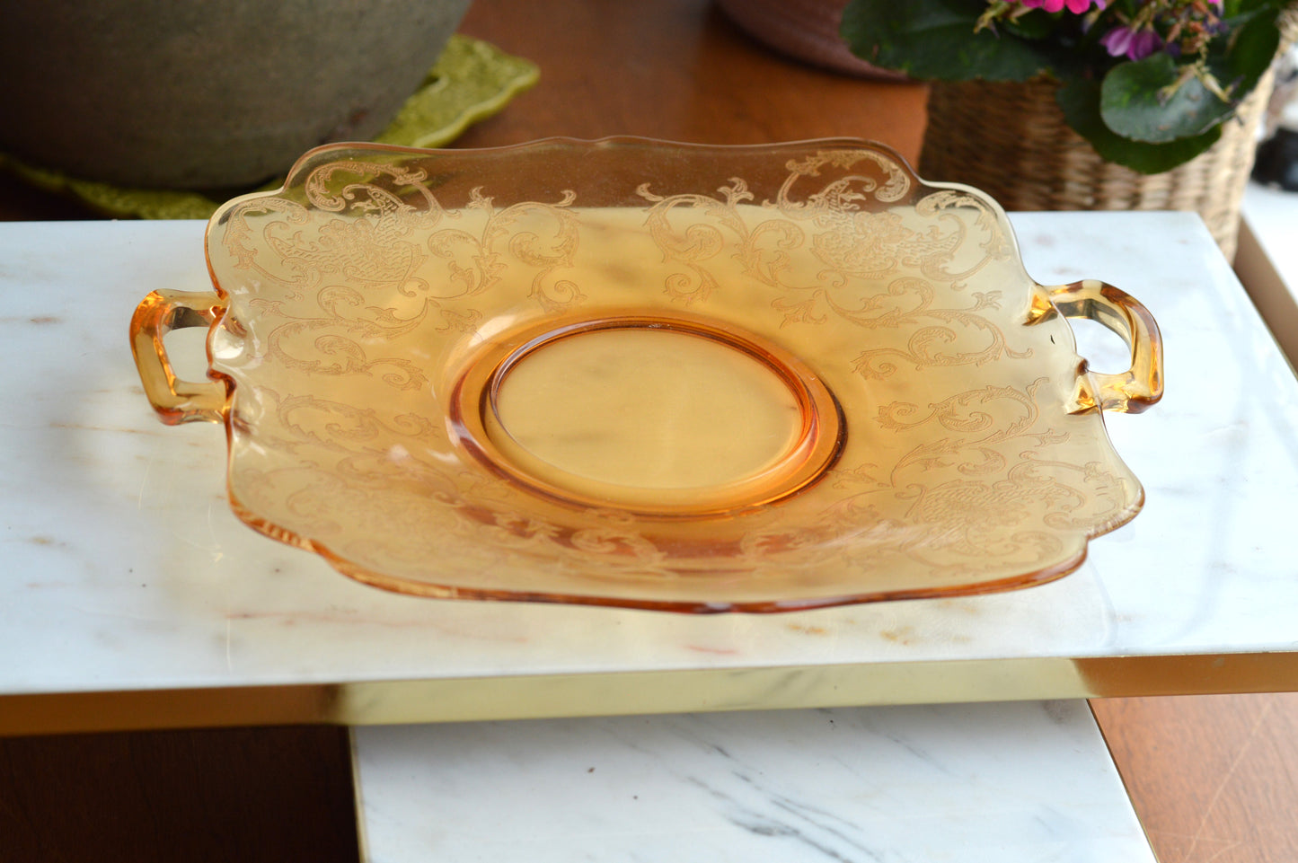 Antique Cambridge Amber Glass "Cleo" Etched Serving Tray - 1930s Depression Glass