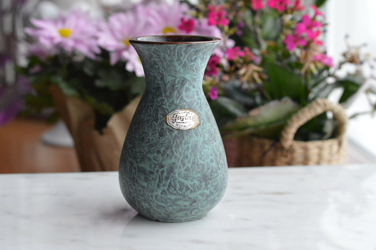 Vintage Jasba Keramik Jaspatina Vase - 1960s Mid Century Modern West Germany Pottery - Textured Turquoise & Gold Marbled Glaze - Rare MCM Collectible