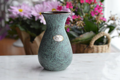 Vintage Jasba Keramik Jaspatina Vase - 1960s Mid Century Modern West Germany Pottery - Textured Turquoise & Gold Marbled Glaze - Rare MCM Collectible