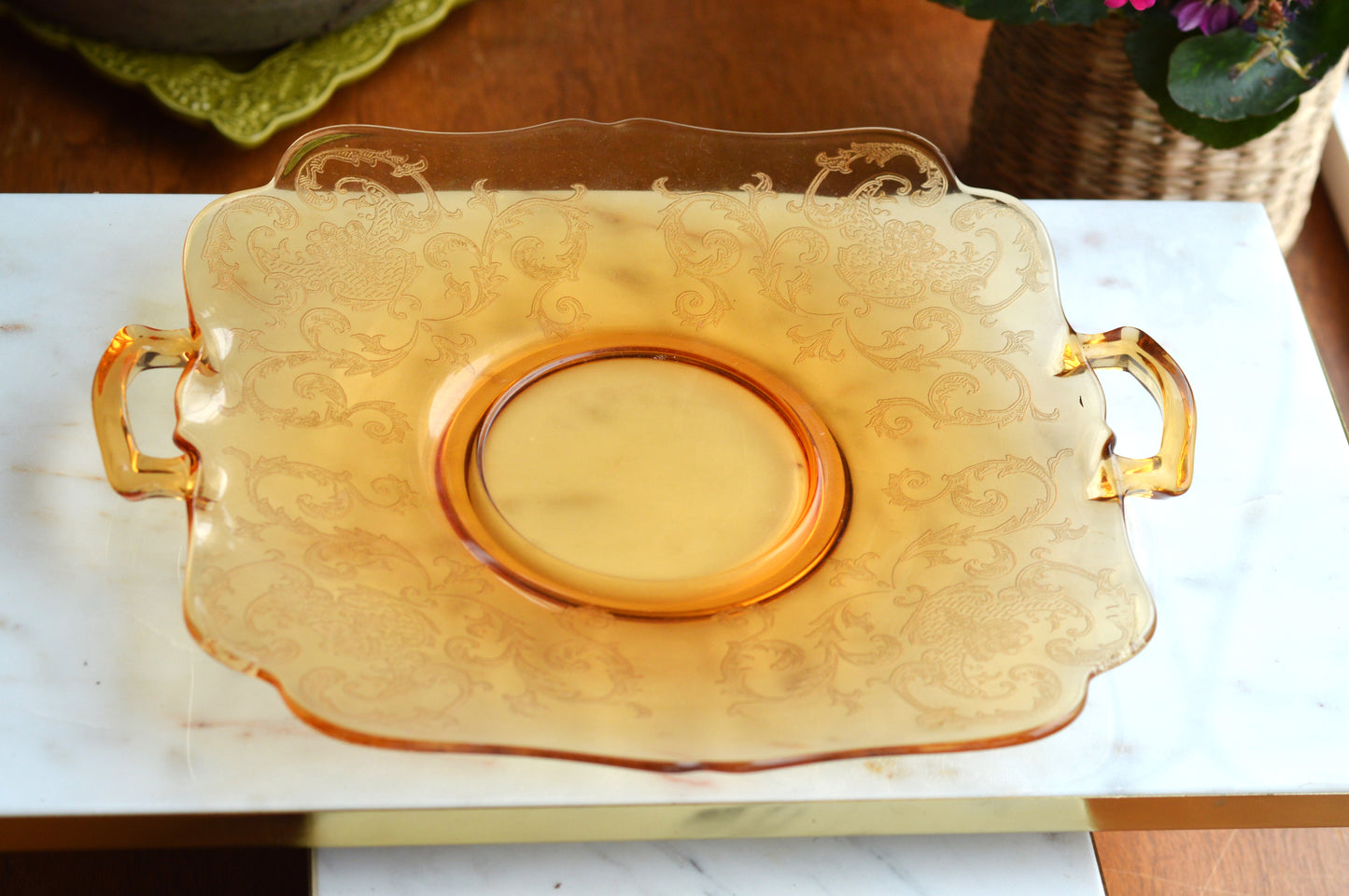 Antique Cambridge Amber Glass "Cleo" Etched Serving Tray - 1930s Depression Glass