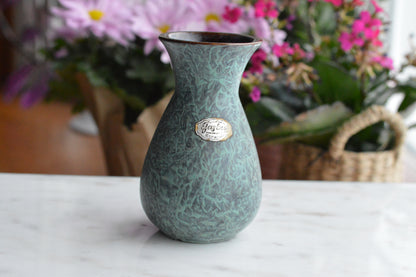 Vintage Jasba Keramik Jaspatina Vase - 1960s Mid Century Modern West Germany Pottery - Textured Turquoise & Gold Marbled Glaze - Rare MCM Collectible