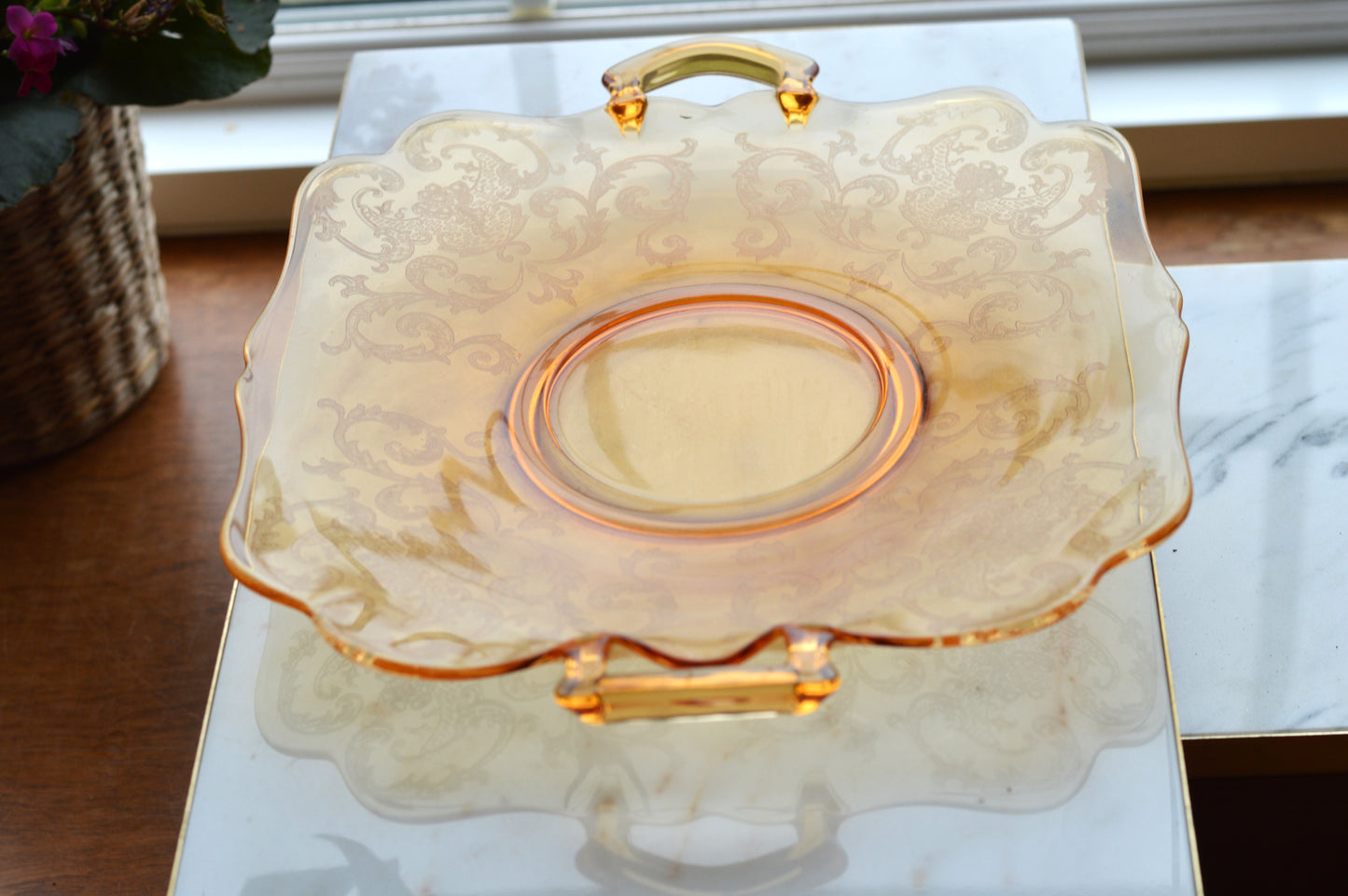 Antique Cambridge Amber Glass "Cleo" Etched Serving Tray - 1930s Depression Glass