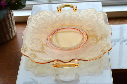 Antique Cambridge Amber Glass "Cleo" Etched Serving Tray - 1930s Depression Glass