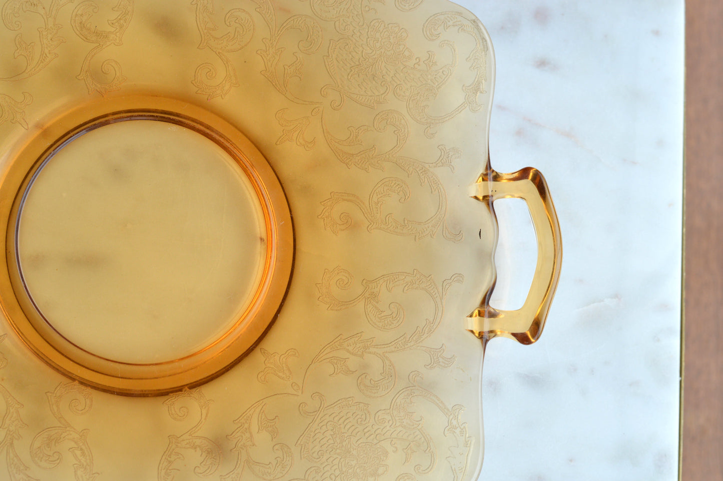 Antique Cambridge Amber Glass "Cleo" Etched Serving Tray - 1930s Depression Glass