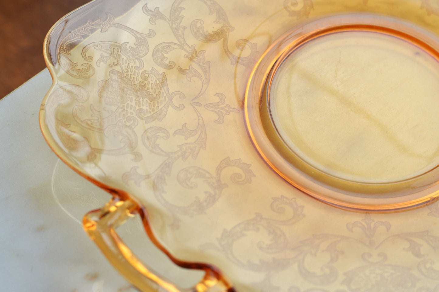 Antique Cambridge Amber Glass "Cleo" Etched Serving Tray - 1930s Depression Glass