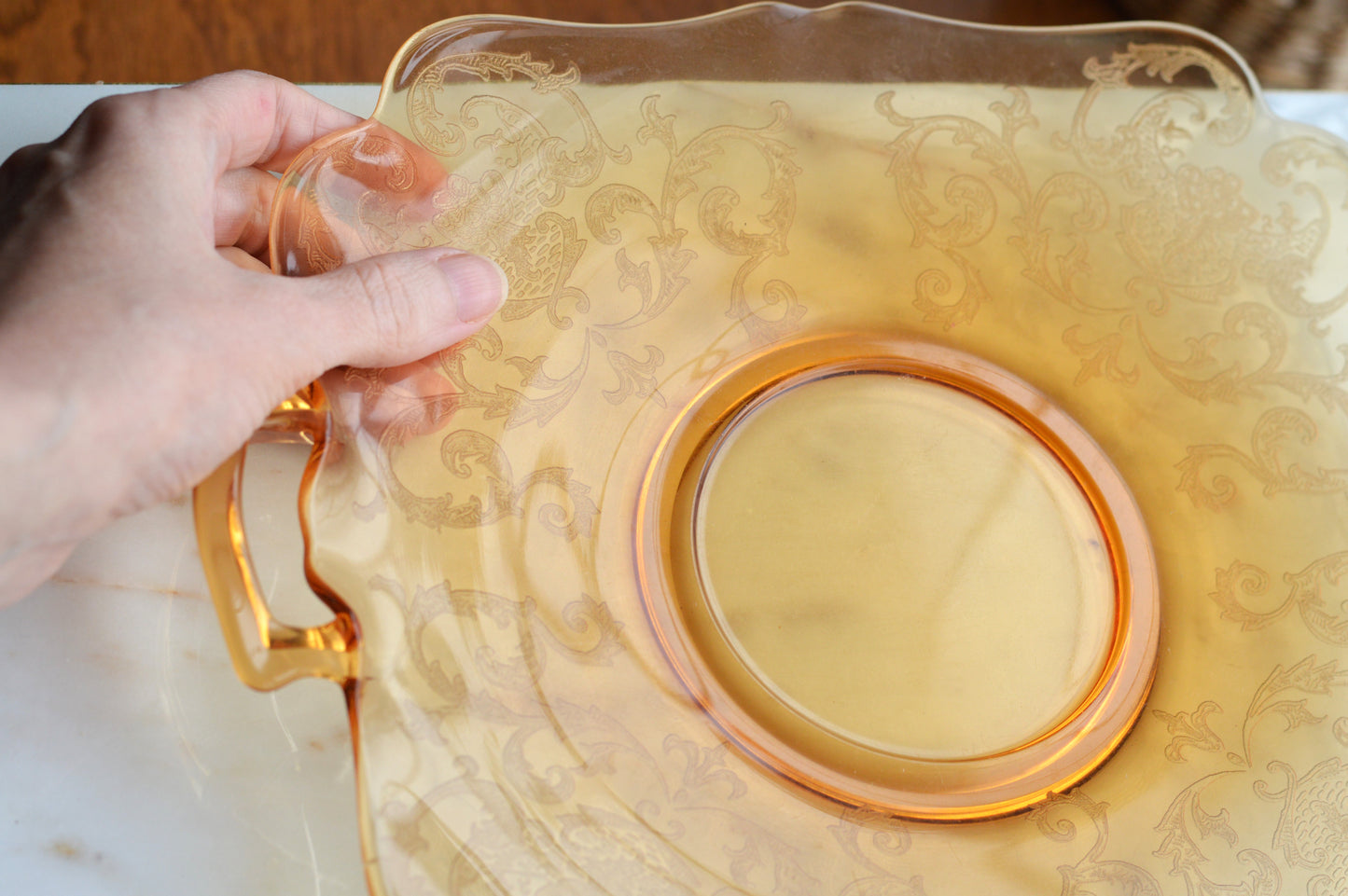 Antique Cambridge Amber Glass "Cleo" Etched Serving Tray - 1930s Depression Glass