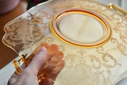 Antique Cambridge Amber Glass "Cleo" Etched Serving Tray - 1930s Depression Glass