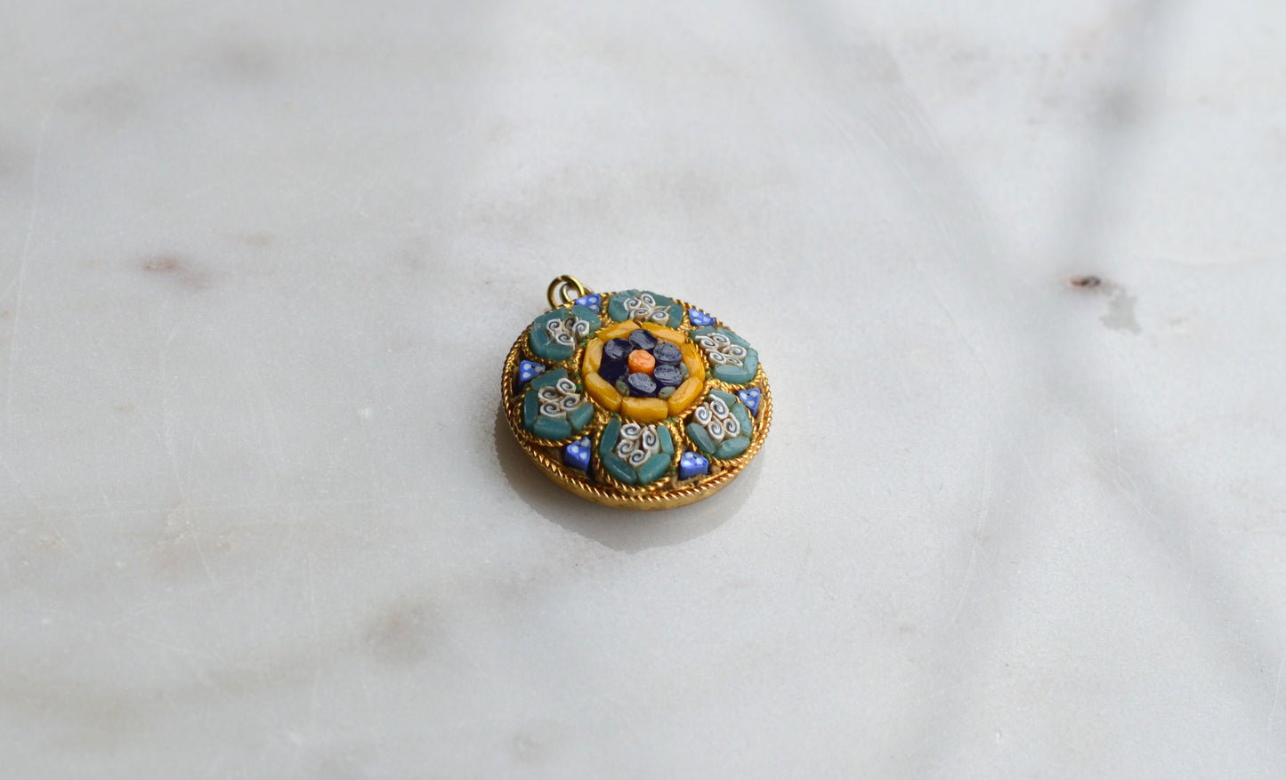 Vintage Italian Micro Mosaic Floral Pendant Charm, Gold Tone Round Micromosaic Medallion, Blue & Yellow Flower, Rope Edge, Retro Boho Necklace Pendant
