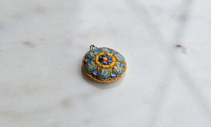 Vintage Italian Micro Mosaic Floral Pendant Charm, Gold Tone Round Micromosaic Medallion, Blue & Yellow Flower, Rope Edge, Retro Boho Necklace Pendant