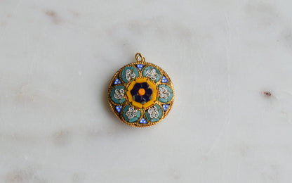 Vintage Italian Micro Mosaic Floral Pendant Charm, Gold Tone Round Micromosaic Medallion, Blue & Yellow Flower, Rope Edge, Retro Boho Necklace Pendant