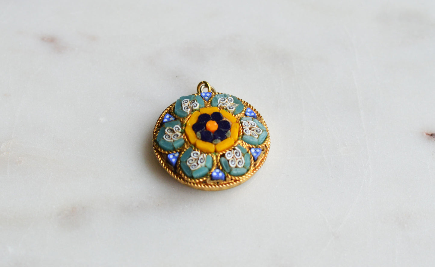 Vintage Italian Micro Mosaic Floral Pendant Charm, Gold Tone Round Micromosaic Medallion, Blue & Yellow Flower, Rope Edge, Retro Boho Necklace Pendant