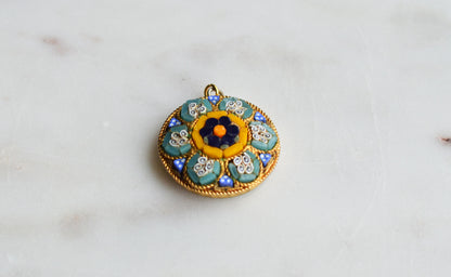 Vintage Italian Micro Mosaic Floral Pendant Charm, Gold Tone Round Micromosaic Medallion, Blue & Yellow Flower, Rope Edge, Retro Boho Necklace Pendant