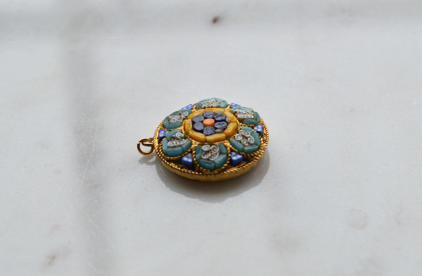 Vintage Italian Micro Mosaic Floral Pendant Charm, Gold Tone Round Micromosaic Medallion, Blue & Yellow Flower, Rope Edge, Retro Boho Necklace Pendant