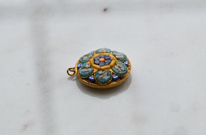 Vintage Italian Micro Mosaic Floral Pendant Charm, Gold Tone Round Micromosaic Medallion, Blue & Yellow Flower, Rope Edge, Retro Boho Necklace Pendant