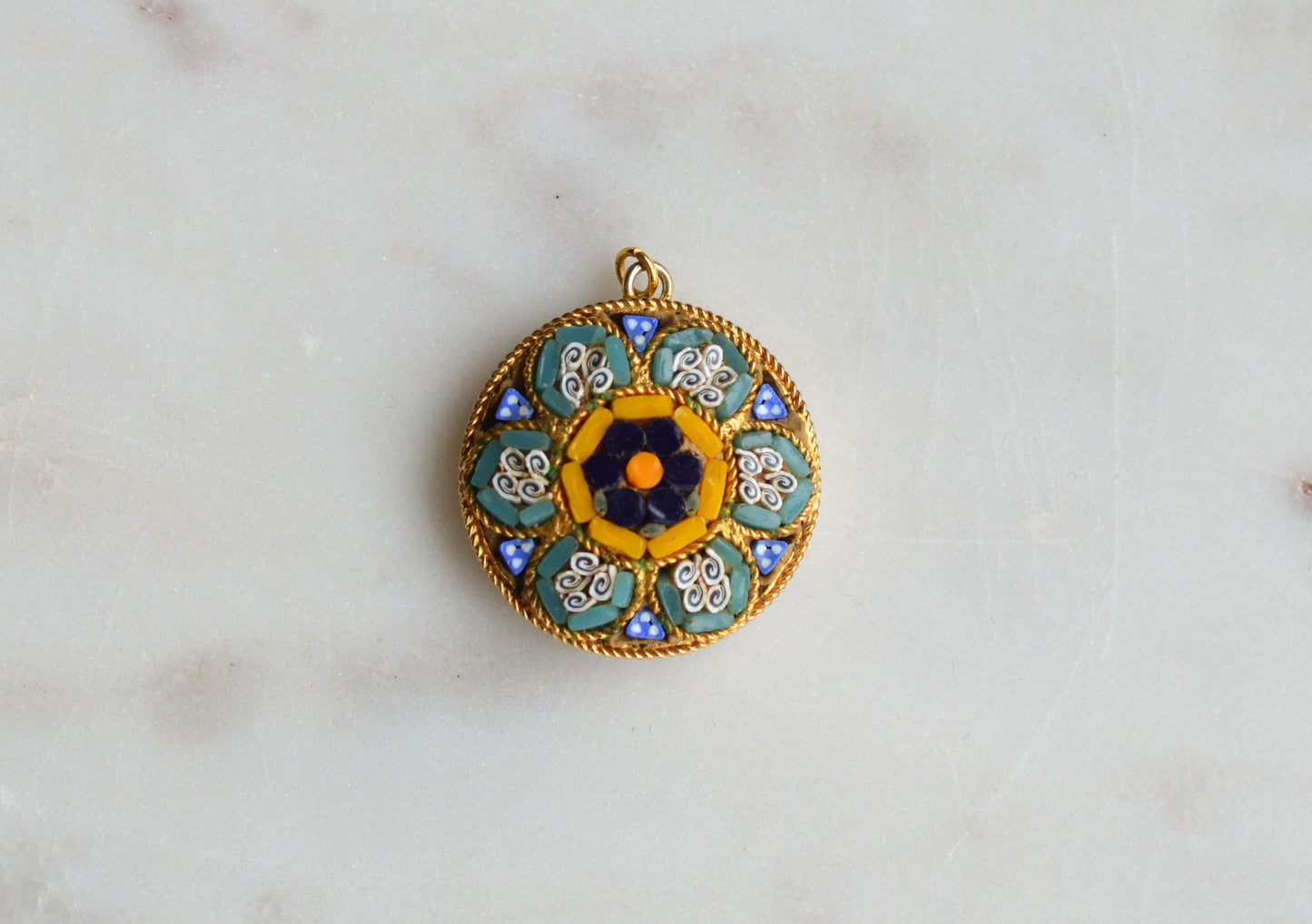 Vintage Italian Micro Mosaic Floral Pendant Charm, Gold Tone Round Micromosaic Medallion, Blue & Yellow Flower, Rope Edge, Retro Boho Necklace Pendant