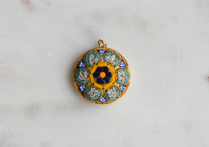 Vintage Italian Micro Mosaic Floral Pendant Charm, Gold Tone Round Micromosaic Medallion, Blue & Yellow Flower, Rope Edge, Retro Boho Necklace Pendant