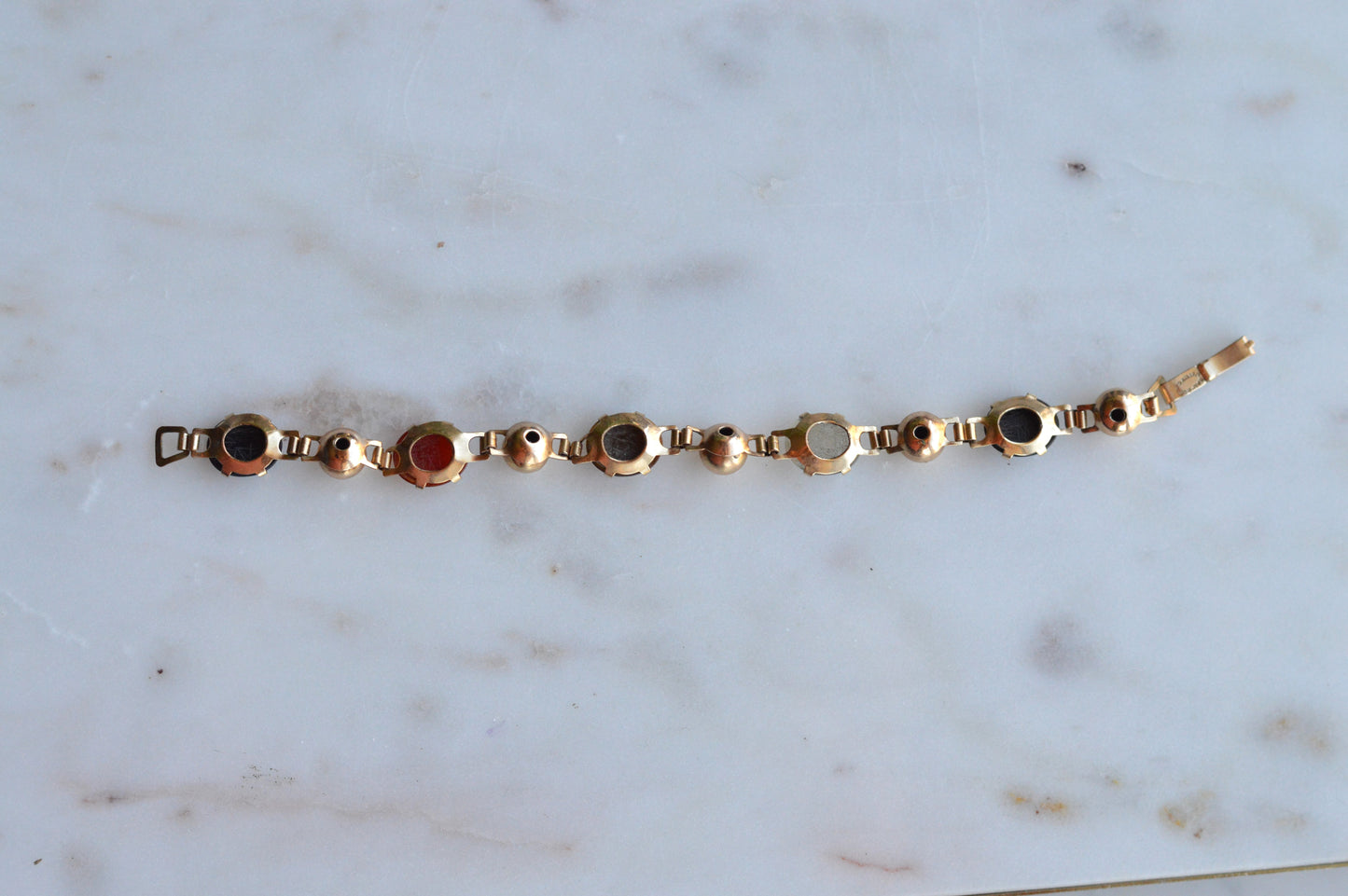 Vintage 14K Gold‑filled Scarab Bal-Ron Bracelet featuring Carved Multi‑Stone Scarabs in Classic Egyptian Revival Style