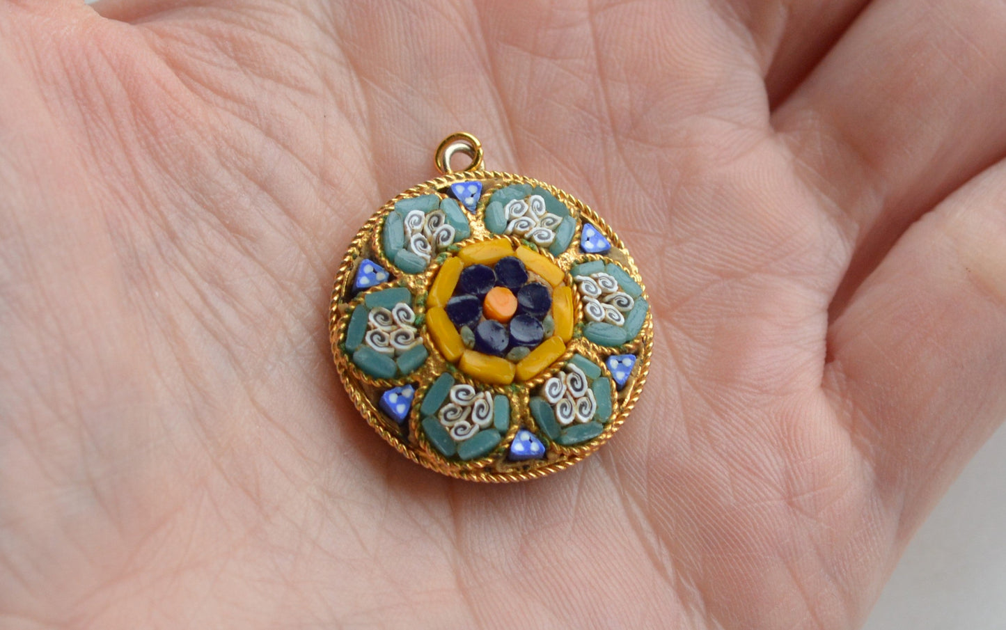 Vintage Italian Micro Mosaic Floral Pendant Charm, Gold Tone Round Micromosaic Medallion, Blue & Yellow Flower, Rope Edge, Retro Boho Necklace Pendant