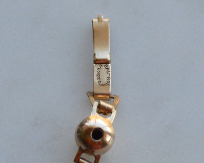 Vintage 14K Gold‑filled Scarab Bal-Ron Bracelet featuring Carved Multi‑Stone Scarabs in Classic Egyptian Revival Style