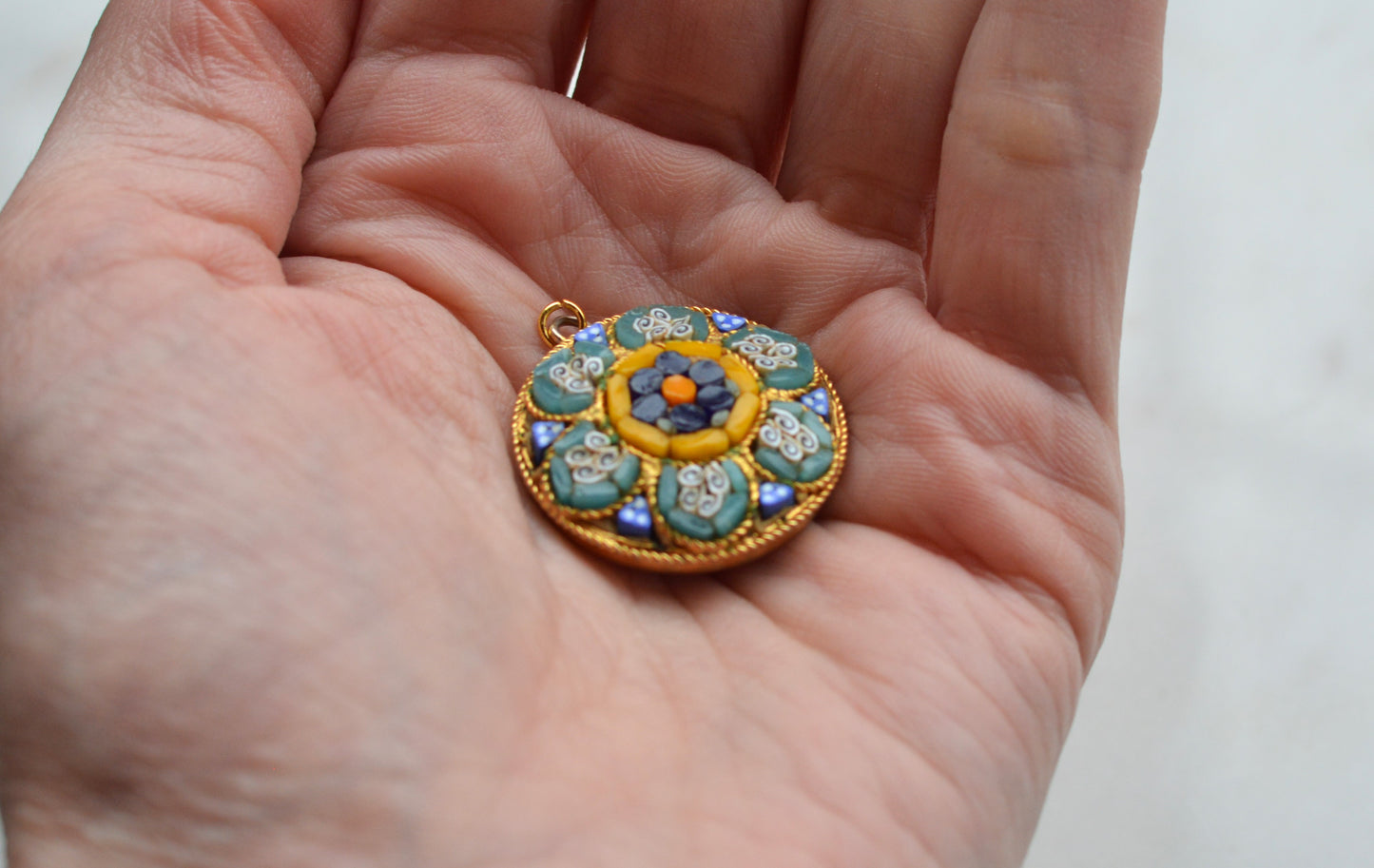 Vintage Italian Micro Mosaic Floral Pendant Charm, Gold Tone Round Micromosaic Medallion, Blue & Yellow Flower, Rope Edge, Retro Boho Necklace Pendant