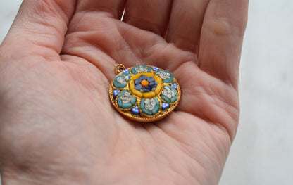 Vintage Italian Micro Mosaic Floral Pendant Charm, Gold Tone Round Micromosaic Medallion, Blue & Yellow Flower, Rope Edge, Retro Boho Necklace Pendant