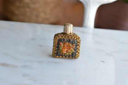 Vintage POMPADOUR VIENNESE Petit Point Perfume Bottle, Original Foil Label, Hand-Stitched Floral Austrian Brass Filigree Purse Scent Bottle