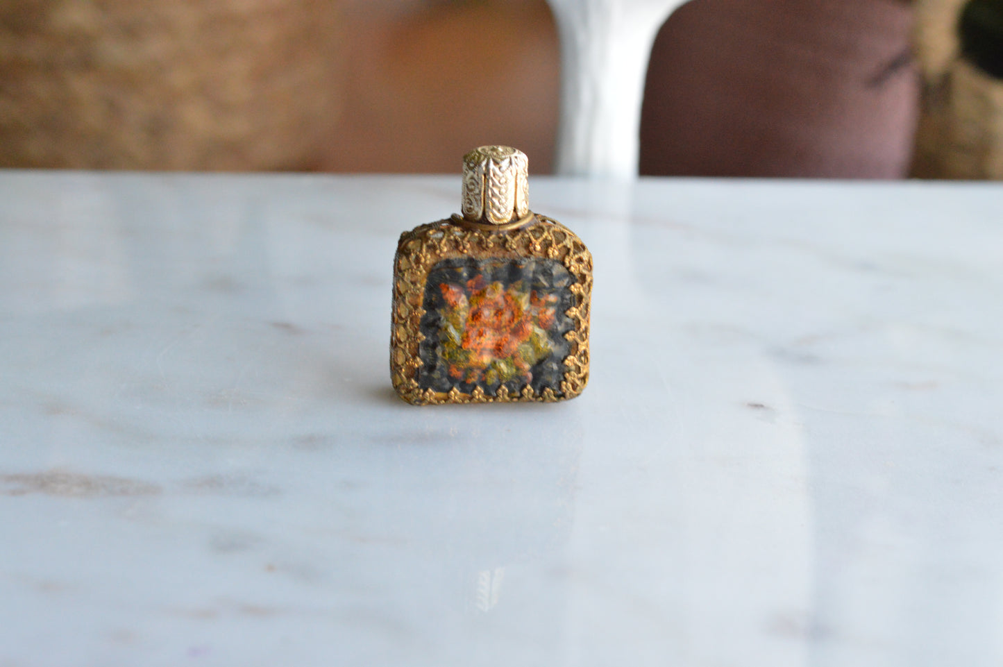 Vintage POMPADOUR VIENNESE Petit Point Perfume Bottle, Original Foil Label, Hand-Stitched Floral Austrian Brass Filigree Purse Scent Bottle