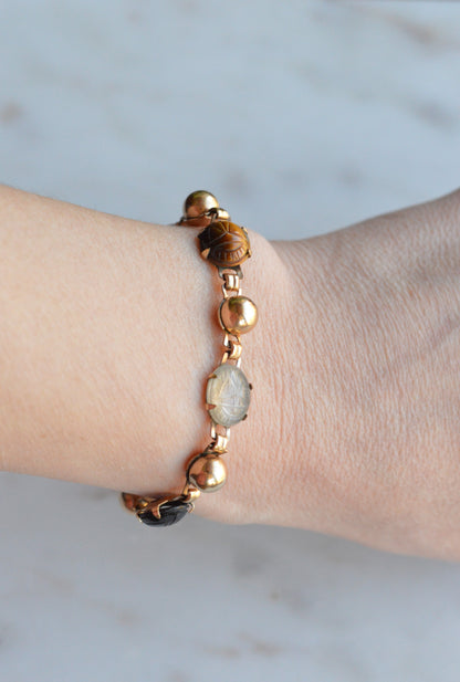 Vintage 14K Gold‑filled Scarab Bal-Ron Bracelet featuring Carved Multi‑Stone Scarabs in Classic Egyptian Revival Style