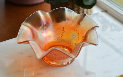 Antique Dugan Glass "Daisy Dear Triplets" Marigold Carnival Glass Ruffled Bowl, Iridescent Orange