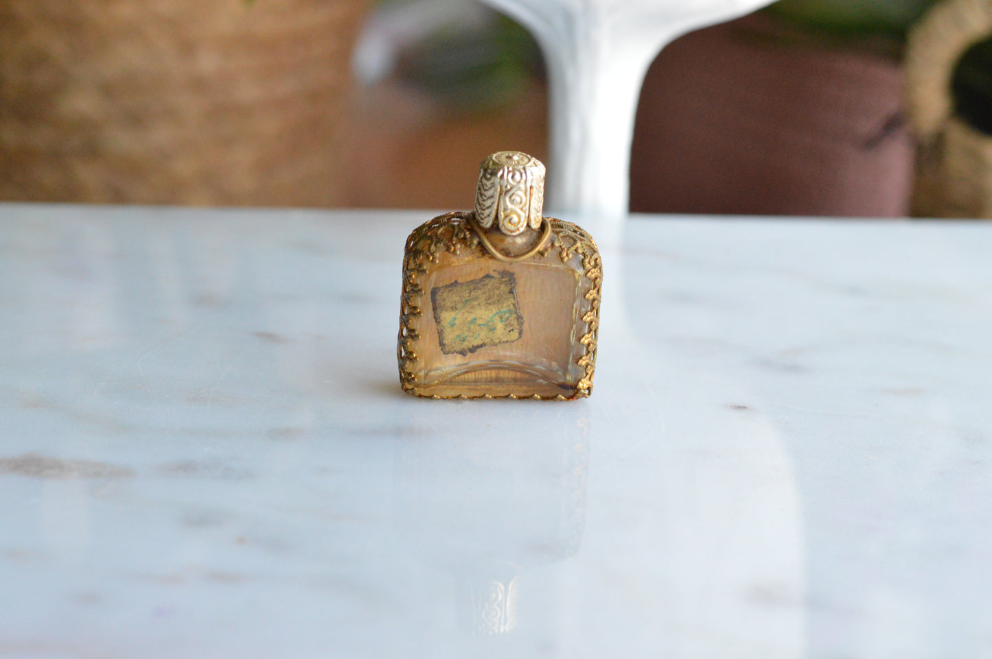 Vintage POMPADOUR VIENNESE Petit Point Perfume Bottle, Original Foil Label, Hand-Stitched Floral Austrian Brass Filigree Purse Scent Bottle