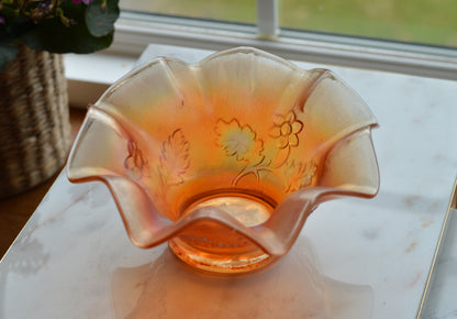 Antique Dugan Glass "Daisy Dear Triplets" Marigold Carnival Glass Ruffled Bowl, Iridescent Orange