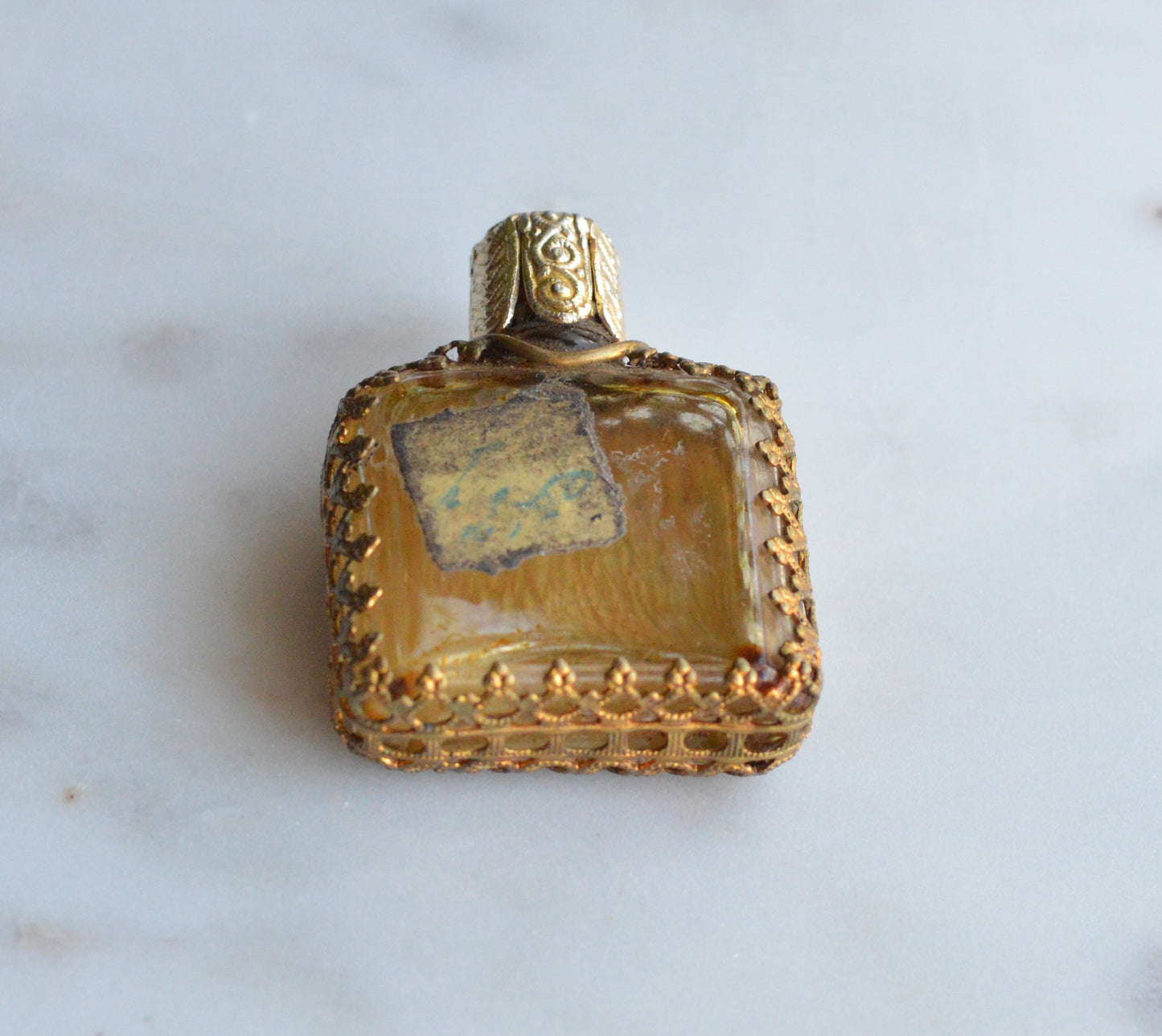 Vintage POMPADOUR VIENNESE Petit Point Perfume Bottle, Original Foil Label, Hand-Stitched Floral Austrian Brass Filigree Purse Scent Bottle