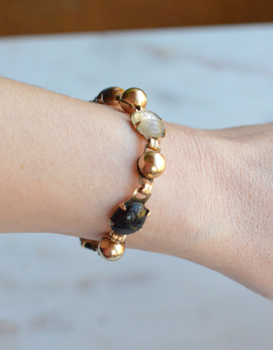 Vintage 14K Gold‑filled Scarab Bal-Ron Bracelet featuring Carved Multi‑Stone Scarabs in Classic Egyptian Revival Style