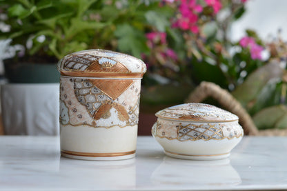 Antique Hand Painted Nippon Porcelain Lidded Set, Moriage & Gold Gilt Floral Trinket Box and Jar, 1891-1921 Japanese Estate Porcelain