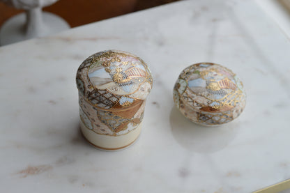 Antique Hand Painted Nippon Porcelain Lidded Set, Moriage & Gold Gilt Floral Trinket Box and Jar, 1891-1921 Japanese Estate Porcelain