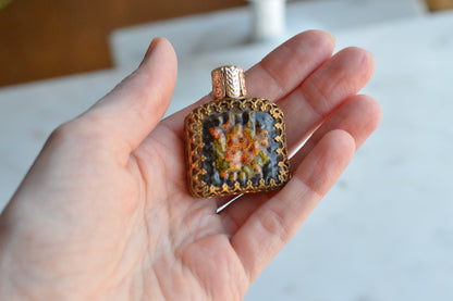 Vintage POMPADOUR VIENNESE Petit Point Perfume Bottle, Original Foil Label, Hand-Stitched Floral Austrian Brass Filigree Purse Scent Bottle