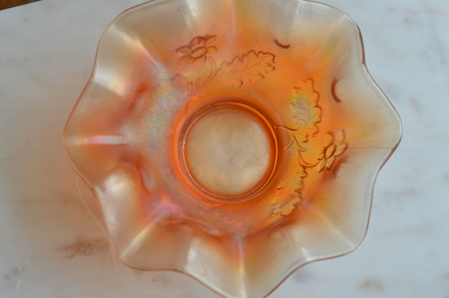 Antique Dugan Glass "Daisy Dear Triplets" Marigold Carnival Glass Ruffled Bowl, Iridescent Orange