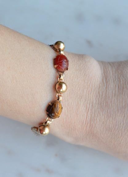 Vintage 14K Gold‑filled Scarab Bal-Ron Bracelet featuring Carved Multi‑Stone Scarabs in Classic Egyptian Revival Style
