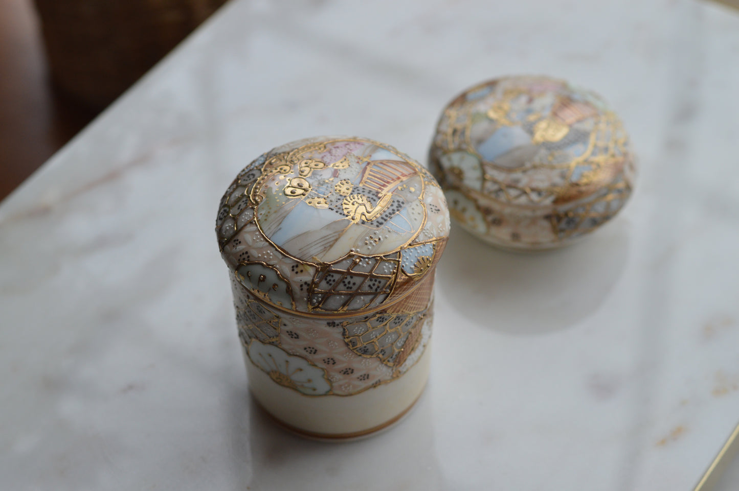 Antique Hand Painted Nippon Porcelain Lidded Set, Moriage & Gold Gilt Floral Trinket Box and Jar, 1891-1921 Japanese Estate Porcelain