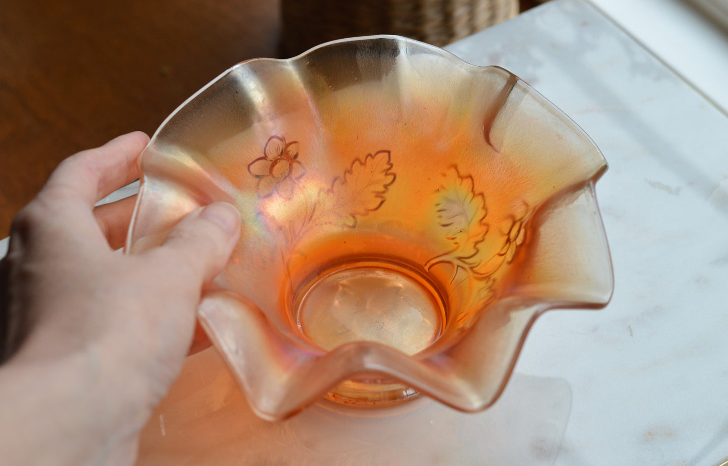 Antique Dugan Glass "Daisy Dear Triplets" Marigold Carnival Glass Ruffled Bowl, Iridescent Orange