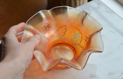 Antique Dugan Glass "Daisy Dear Triplets" Marigold Carnival Glass Ruffled Bowl, Iridescent Orange