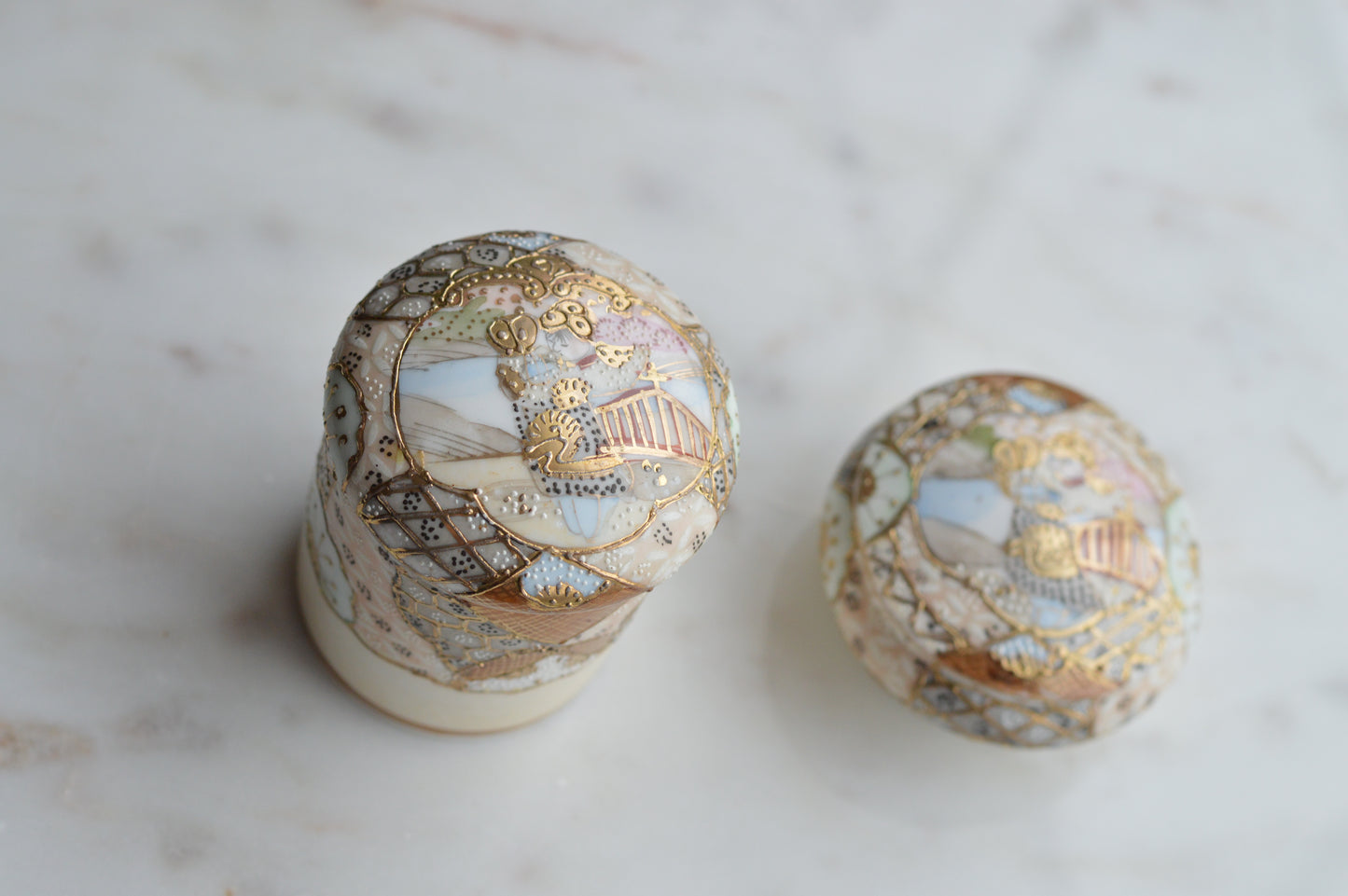 Antique Hand Painted Nippon Porcelain Lidded Set, Moriage & Gold Gilt Floral Trinket Box and Jar, 1891-1921 Japanese Estate Porcelain