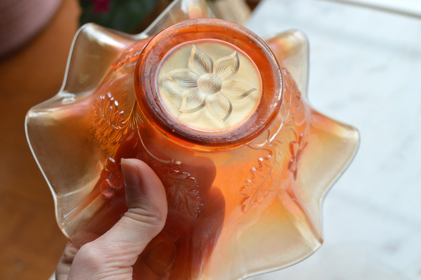 Antique Dugan Glass "Daisy Dear Triplets" Marigold Carnival Glass Ruffled Bowl, Iridescent Orange