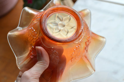 Antique Dugan Glass "Daisy Dear Triplets" Marigold Carnival Glass Ruffled Bowl, Iridescent Orange