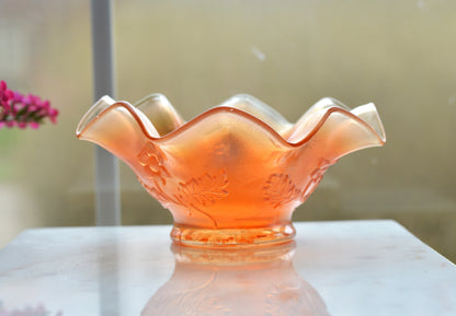Antique Dugan Glass "Daisy Dear Triplets" Marigold Carnival Glass Ruffled Bowl, Iridescent Orange