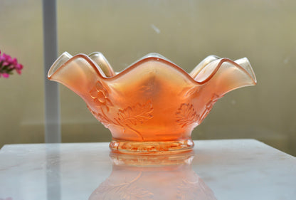 Antique Dugan Glass "Daisy Dear Triplets" Marigold Carnival Glass Ruffled Bowl, Iridescent Orange