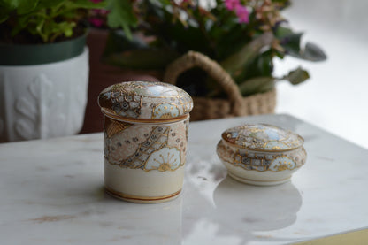 Antique Hand Painted Nippon Porcelain Lidded Set, Moriage & Gold Gilt Floral Trinket Box and Jar, 1891-1921 Japanese Estate Porcelain