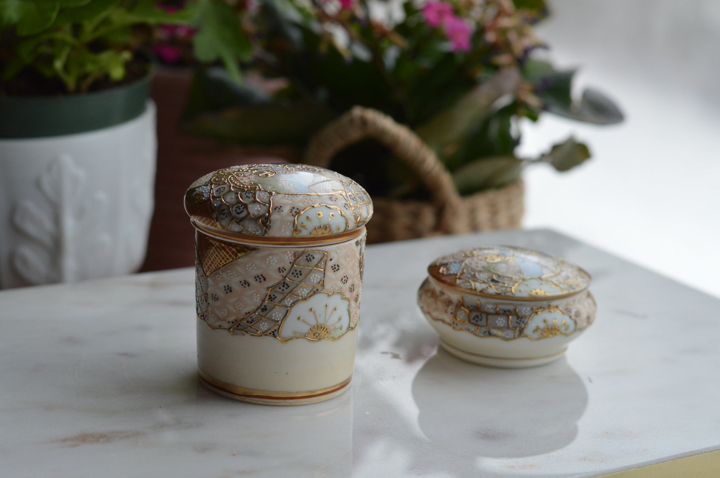 Antique Hand Painted Nippon Porcelain Lidded Set, Moriage & Gold Gilt Floral Trinket Box and Jar, 1891-1921 Japanese Estate Porcelain