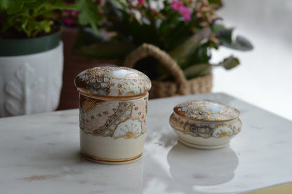 Antique Hand Painted Nippon Porcelain Lidded Set, Moriage & Gold Gilt Floral Trinket Box and Jar, 1891-1921 Japanese Estate Porcelain