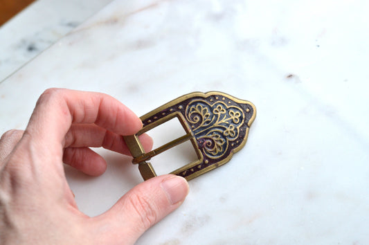 Vintage Hand-Engraved Solid Brass Belt Buckle, Ornate Scalloped Floral Buckle, Artisan Made Western Hardware, Signed Brass Accessory